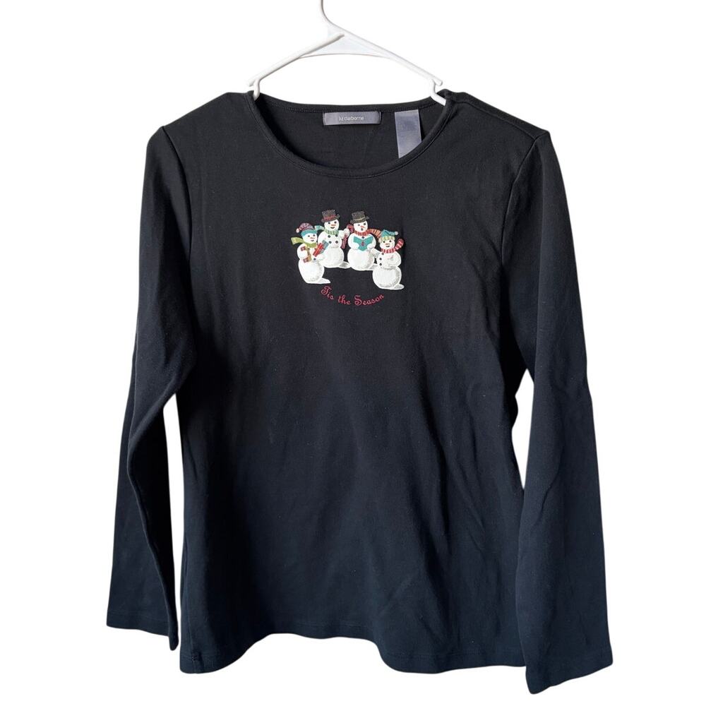 Liz Claiborne Cotton Tis the Season Christmas Caroling Snowman Long Sleeved Top